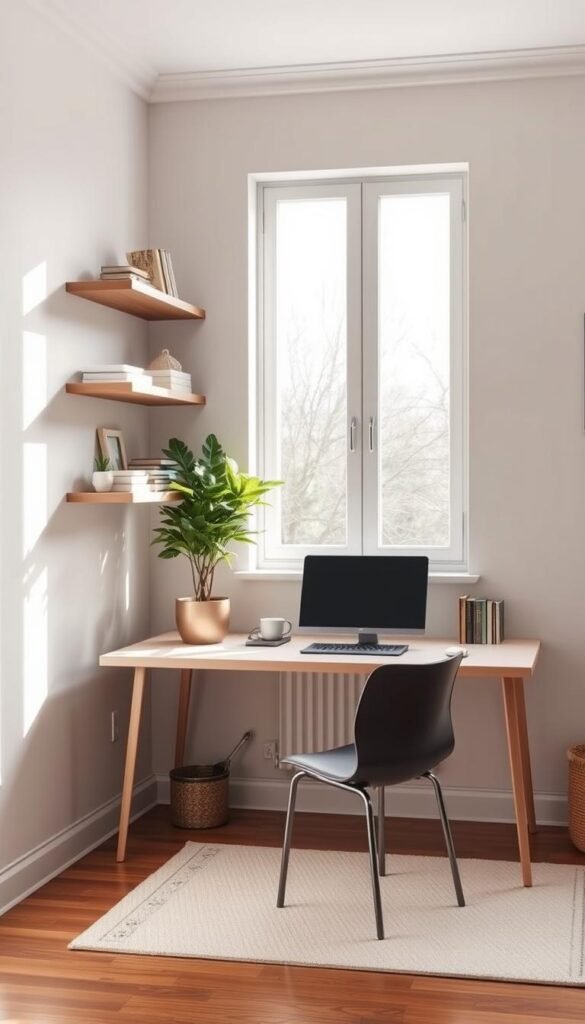 A cozy and efficient home office space with a minimalist desk, floating shelves, and a large window that floods the room with natural light. The desk features a sleek, modern design with clean lines and a neutral color palette. Floating shelves on the wall provide ample storage and display space without taking up valuable floor real estate. A lush, potted plant adds a touch of greenery and life to the space. The overall atmosphere is warm, inviting, and conducive to focused work, with a subtle, Scandinavian-inspired aesthetic. A cozy and efficient home office space with a minimalist desk, floating shelves, and a large window that floods the room with natural light. The desk features a sleek, modern design with clean lines and a neutral color palette. Floating shelves on the wall provide ample storage and display space without taking up valuable floor real estate. A lush, potted plant adds a touch of greenery and life to the space. The overall atmosphere is warm, inviting, and conducive to focused work, with a subtle, Scandinavian-inspired aesthetic.
