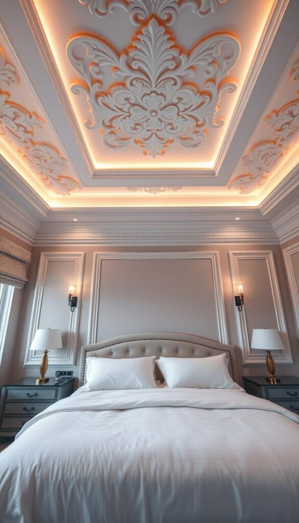 A cozy and elegant bedroom with a stunning crown moulding design. The moulding frames the ceiling, casting warm, soft lighting that cascades down the plush, neutral-toned walls. The intricate, ornamental pattern of the moulding adds a touch of classic sophistication, elevating the overall aesthetic. A large, inviting bed with crisp, white bedding takes center stage, complemented by tasteful, minimalist nightstands and a serene window view. The lighting is a mix of natural daylight and subtle, dimmable fixtures that create a serene, relaxing atmosphere. The perspective is slightly angled, capturing the height and scale of the room while highlighting the exquisite crown moulding detail.