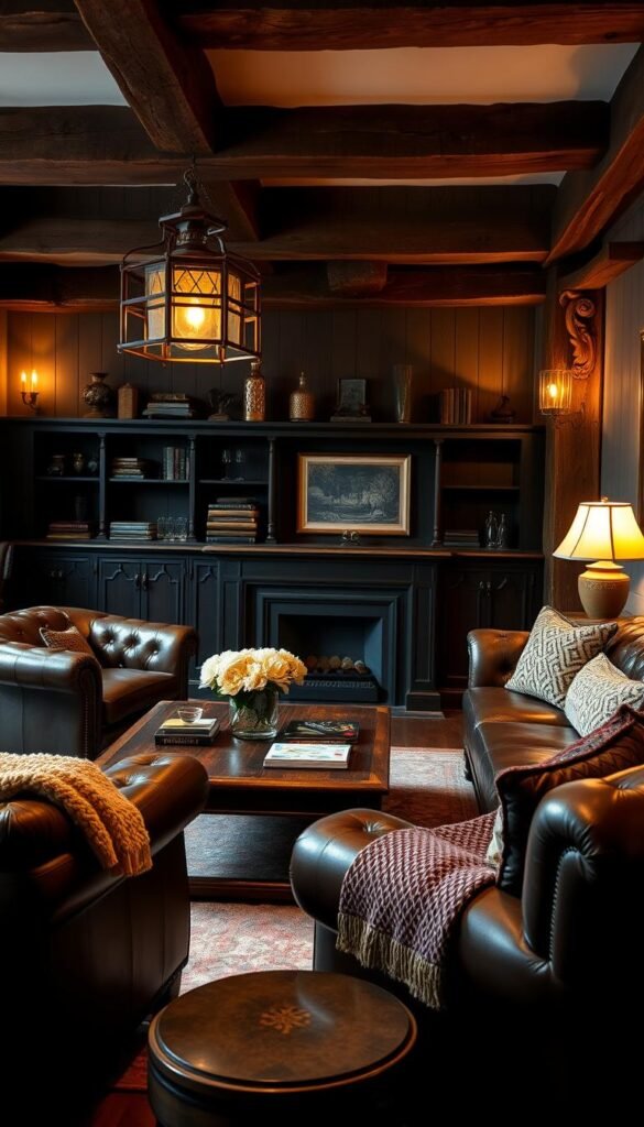 A cozy and elegant living room with a focal point of a dark, richly-grained wooden coffee table surrounded by sumptuous, deep brown leather armchairs and a plush, tufted leather sofa. The room is illuminated by soft, warm lighting from a vintage-inspired floor lamp and sconces, creating a inviting, moody ambiance. The walls are adorned with rustic wooden beams and shelving, housing antique glass decanters and books. Lush, earthy-toned textiles and accents, such as a thick knit throw and patterned pillows, add depth and texture to the space. The overall atmosphere evokes a timeless, sophisticated charm.