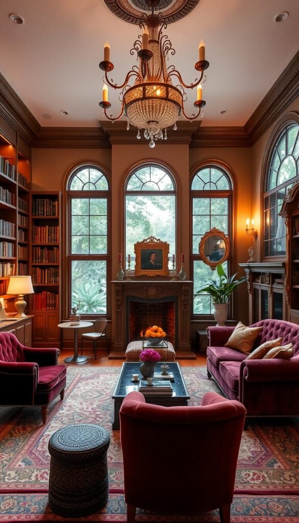 A cozy and elegant modern Victorian living room, bathed in warm, soft lighting from a grand chandelier overhead. Plush velvet armchairs and a tufted sofa in rich jewel-toned hues sit atop an ornate area rug. Bookshelves line the walls, filled with vintage leather-bound volumes. A grand fireplace with intricate carved mantelpiece casts a gentle glow, while large arched windows let in natural light, revealing a lush, overgrown garden view outside. Subtle metallic accents, antique mirrors, and decorative vases add a touch of luxurious sophistication to this inviting, eclectic space.