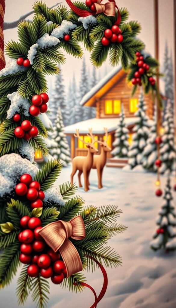 A cozy and festive Christmas-themed wall art, featuring a detailed scene of a snow-covered forest with a warm and inviting log cabin in the background. The foreground showcases a beautiful, hand-painted wreath adorned with lush evergreen branches, vibrant red berries, and a delicate ribbon. Soft, ambient lighting casts a gentle glow, creating a serene and inviting atmosphere. The middle ground features a pair of intricately carved wooden reindeer, standing majestically amidst the snowy landscape. In the background, the log cabin is illuminated from within, with warm yellow light spilling through the windows, evoking a sense of holiday cheer and comfort. The overall composition is balanced, with a focus on creating a harmonious and visually stunning piece of wall art that would beautifully complement a cozy Christmas bedroom.