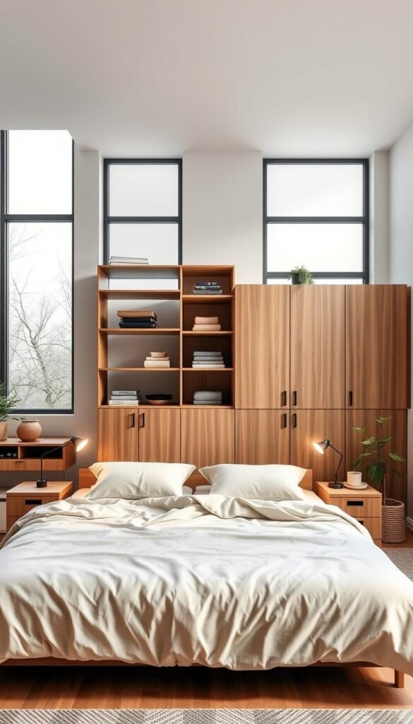 A cozy and functional Scandinavian-inspired bedroom layout with a minimalist aesthetic. In the foreground, a low-profile bed frame with soft, natural bedding and plush pillows. Strategically placed task lighting on nightstands provides a warm glow. The middle ground features a modular storage system with sleek, wooden shelves and cabinets, offering ample storage space. In the background, large windows allow natural light to flood the room, creating a serene and balanced ambiance. Accents of greenery and natural textures, such as woven baskets, add organic touches. The overall mood is one of calm, comfort, and streamlined efficiency, reflecting the principles of Scandinavian design.