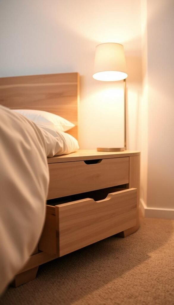 A cozy and functional under-bed storage solution for a small bedroom. Three sleek, modern drawers in a light wood finish, tucked neatly beneath a simple, low-profile bed frame. Soft, warm lighting from a bedside lamp casts a gentle glow, creating a serene and inviting atmosphere. The drawers are styled with minimal hardware, seamlessly blending into the room's clean, minimalist aesthetic. Shot from a low angle to showcase the compact, space-saving design, with the bed frame and walls providing a subtly textured backdrop. A cozy and functional under-bed storage solution for a small bedroom. Three sleek, modern drawers in a light wood finish, tucked neatly beneath a simple, low-profile bed frame. Soft, warm lighting from a bedside lamp casts a gentle glow, creating a serene and inviting atmosphere. The drawers are styled with minimal hardware, seamlessly blending into the room's clean, minimalist aesthetic. Shot from a low angle to showcase the compact, space-saving design, with the bed frame and walls providing a subtly textured backdrop.