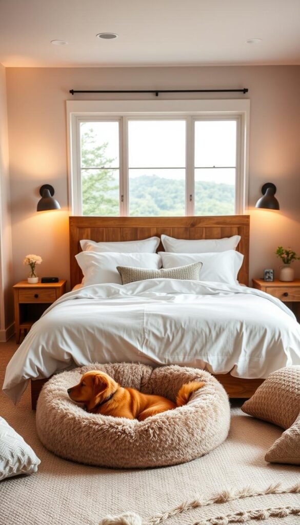 A cozy and harmonious pet-friendly bedroom with a designated area for a furry companion. A plush pet bed sits in the foreground, surrounded by soft textures and soothing neutral tones. In the middle ground, a comfortable king-size bed with crisp white linens and a rustic wooden headboard. Ambient lighting from a pair of sconce-style lamps casts a warm glow throughout the space. In the background, a large window overlooking a lush, natural landscape, creating a calming and tranquil atmosphere. The overall scene exudes a sense of relaxation and togetherness, perfect for couples and their beloved pets.