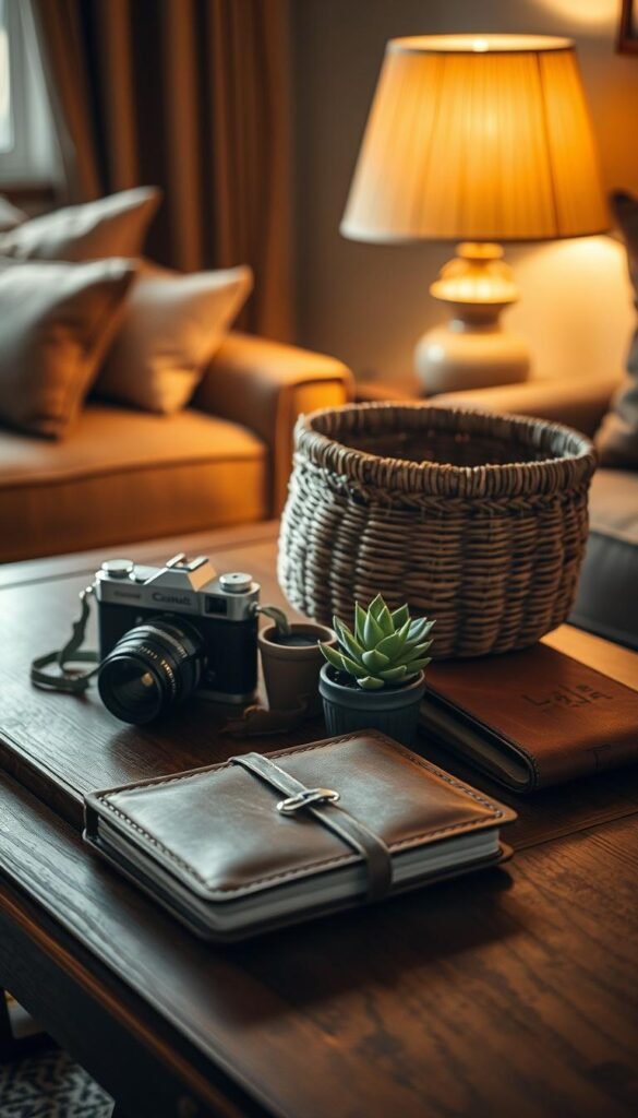 A cozy and intimate coffee table scene, softly lit by a warm, golden lamp. On the table, an array of cherished personal items: a vintage camera, a hand-woven basket, a small potted succulent, and a weathered leather-bound journal. The items are thoughtfully arranged, creating a sense of harmonious storytelling. The overall mood is one of tranquility and reflection, inviting the viewer to pause and imagine the meaningful histories behind each object. The camera lens captures the scene from a slightly elevated angle, highlighting the inviting and lived-in feel of the space.
