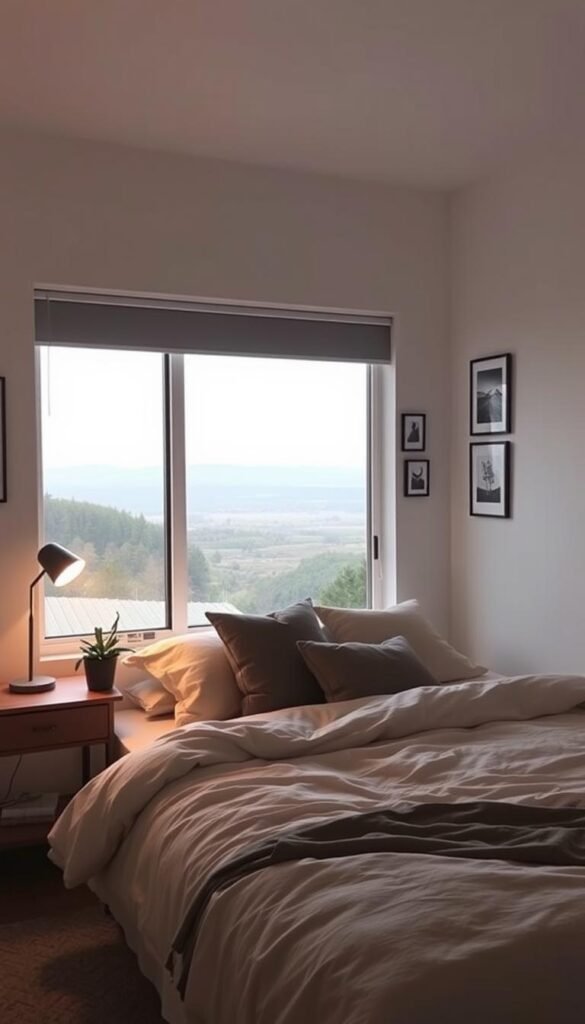 A cozy and inviting Scandinavian-style bedroom with personal touches. In the foreground, a neatly made bed with plush bedding and a few throw pillows in muted tones. On the nightstands, a potted plant and a minimalist lamp casting a warm, ambient glow. In the middle ground, a small gallery wall featuring framed artwork and black-and-white photography, reflecting the owner's personality. The background features a large window overlooking a serene, nature-inspired landscape, allowing natural light to pour in and create a calming atmosphere. The overall scene conveys a sense of balance, tranquility, and thoughtful curation, without feeling cluttered or overwhelming.