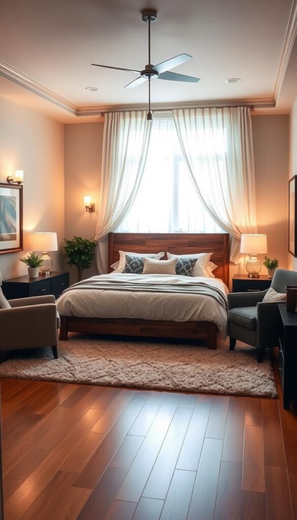 A cozy and inviting basement bedroom with a warm, well-lit atmosphere. The room features a plush queen-sized bed with a rustic wooden headboard, flanked by sleek nightstands with modern table lamps. Sheer curtains filter soft natural light, creating a soothing ambiance. The hardwood floors are covered by a plush area rug, and the walls are adorned with framed artwork, enhancing the overall aesthetic. A small sitting area with a comfortable armchair and a side table offers a relaxing space. Subtle lighting fixtures, such as wall sconces and a pendant light, illuminate the room, while a touch of greenery from a potted plant adds a fresh, natural element. The overall design style blends modern and traditional elements, resulting in a harmonious and inviting basement bedroom retreat.