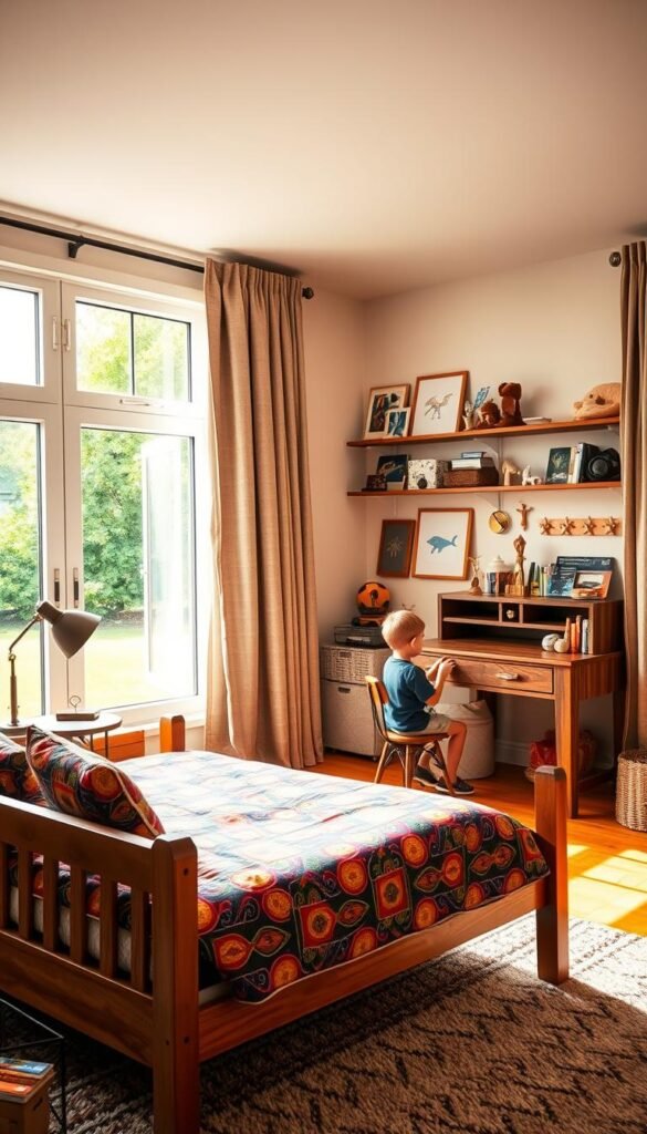 A cozy and inviting bedroom environment for a growing boy, bathed in warm, natural lighting from large windows overlooking a verdant backyard. In the foreground, a wooden twin bed with a vibrant patterned duvet and plush pillows. On the bedside table, a reading lamp and a few well-loved books. In the middle ground, a sturdy wooden dresser and a small desk with a comfortable chair, signifying the child's growing independence and need for personal space. The walls are adorned with playful wall art and shelves displaying the boy's treasured collectibles and trophies, reflecting his hobbies and interests. The background features a calming neutral color palette, complemented by textured curtains and a plush area rug, creating a harmonious and nurturing atmosphere for the child to thrive. A cozy and inviting bedroom environment for a growing boy, bathed in warm, natural lighting from large windows overlooking a verdant backyard. In the foreground, a wooden twin bed with a vibrant patterned duvet and plush pillows. On the bedside table, a reading lamp and a few well-loved books. In the middle ground, a sturdy wooden dresser and a small desk with a comfortable chair, signifying the child's growing independence and need for personal space. The walls are adorned with playful wall art and shelves displaying the boy's treasured collectibles and trophies, reflecting his hobbies and interests. The background features a calming neutral color palette, complemented by textured curtains and a plush area rug, creating a harmonious and nurturing atmosphere for the child to thrive.