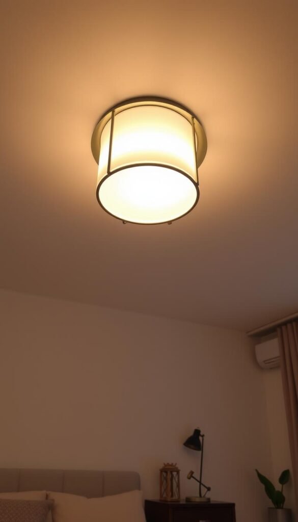 A cozy and inviting bedroom featuring a focal ceiling light fixture that casts a warm, ambient glow. The light is a modern, minimalist design with a cylindrical shape and sleek metal frame, emitting a soft, diffused illumination that creates a tranquil, relaxing atmosphere. The lighting is complemented by the room's neutral color palette, with subtle textures and natural accents that contribute to the overall sense of calm and comfort. The fixture is positioned centrally, anchoring the space and drawing the eye upward to appreciate the thoughtful lighting design. This carefully curated lighting solution sets the perfect mood for a restful, rejuvenating bedroom environment.