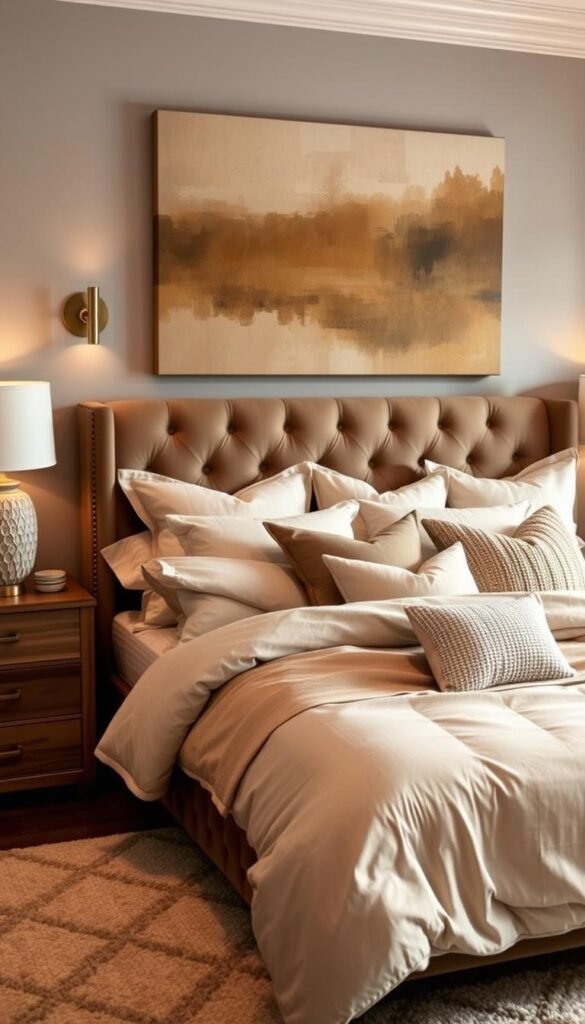 A cozy and inviting bedroom featuring a plush, tufted headboard with a luxurious velvet texture. The bedding is layered with soft, subtly patterned linens in warm neutral tones, creating a rich, tactile feel. Decorative pillows in velvet, boucle, and woven fabrics add visual depth and contrast. Warm, indirect lighting from a pair of brass sconces casts a gentle glow, enhancing the layered textures. The wall behind the bed is adorned with a large, abstract canvas painting in earthy, muted hues that complements the bedroom's soothing, sophisticated palette. Wooden side tables with textured ceramic lamps flank the bed, while a plush area rug grounds the space with its subtle geometric pattern.