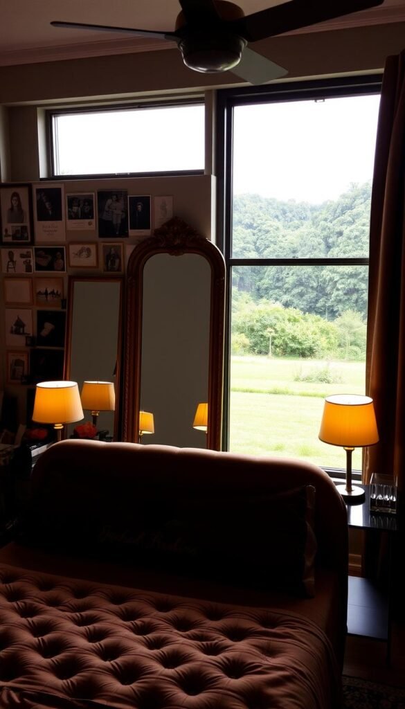 A cozy and inviting bedroom, filled with a mix of vintage and modern decor elements. In the foreground, a plush, tufted headboard in a deep, earthy tone serves as the focal point, complemented by a pair of sleek, contemporary nightstands with minimalist lamps. The middle ground showcases a large, ornate floor mirror reflecting the room's warm, ambient lighting, while a meticulously curated gallery wall of personal photographs, art prints, and found objects adds a touch of individuality. In the background, a large window overlooking a lush, verdant landscape provides a serene and calming view, enhancing the overall sense of tranquility and personal style. A cozy and inviting bedroom, filled with a mix of vintage and modern decor elements. In the foreground, a plush, tufted headboard in a deep, earthy tone serves as the focal point, complemented by a pair of sleek, contemporary nightstands with minimalist lamps. The middle ground showcases a large, ornate floor mirror reflecting the room's warm, ambient lighting, while a meticulously curated gallery wall of personal photographs, art prints, and found objects adds a touch of individuality. In the background, a large window overlooking a lush, verdant landscape provides a serene and calming view, enhancing the overall sense of tranquility and personal style.