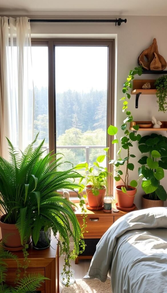 A cozy and inviting bedroom filled with lush, vibrant plants and natural elements. In the foreground, a variety of potted greenery including ferns, succulents, and trailing vines adorn a wooden side table. In the middle ground, a large floor-to-ceiling window overlooks a serene outdoor scene, with soft, natural lighting filtering through sheer curtains. The background features a neutral-toned wall, with a wall-mounted wooden shelf displaying an array of natural decor items such as driftwood, pinecones, and stone sculptures. The overall atmosphere is one of tranquility, warmth, and a connection to the natural world.