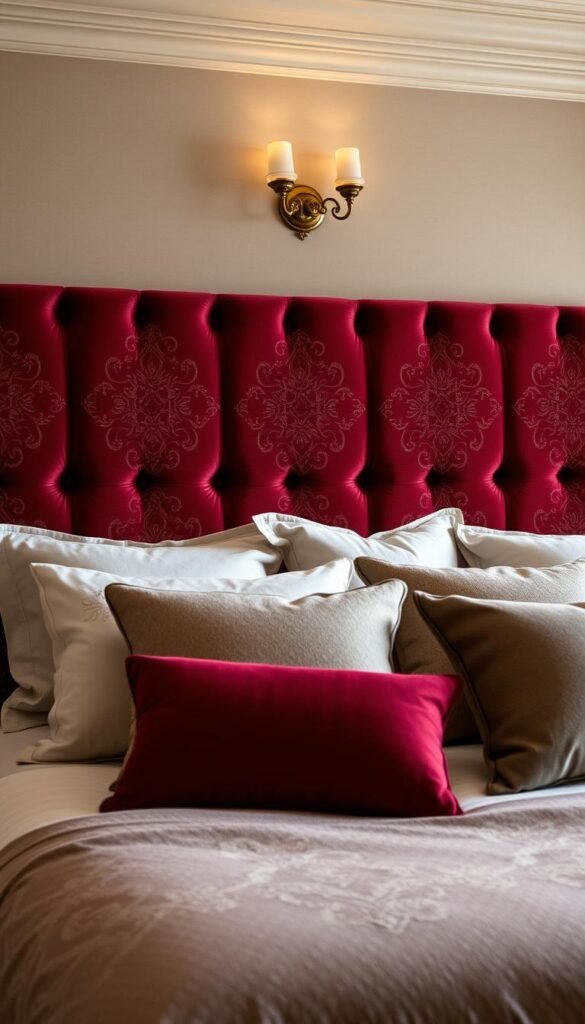 A cozy and inviting bedroom focal point. A large, plush headboard in rich burgundy velvet, adorned with intricate embroidered patterns that catch the warm, mellow light from a pair of brass sconces mounted above. The headboard is the centerpiece, drawing the eye with its elegant, statement-making design. Soft, neutral-toned bedding and pillows complement the headboard's bold color, creating a harmonious and sophisticated look. The overall atmosphere is one of relaxation and comfort, perfect for a cozy bedroom retreat.
