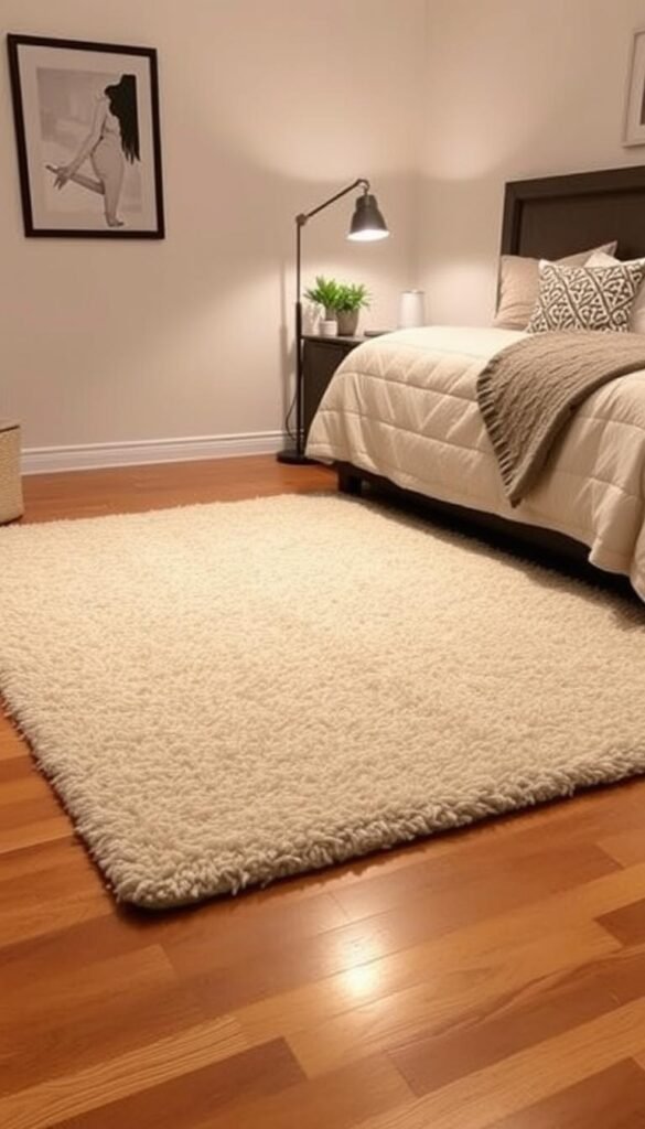 A cozy and inviting bedroom rug, perfectly sized to anchor the space. Soft, plush fibers in a warm, neutral tone cover the hardwood floor, creating a welcoming and comfortable atmosphere. The rug's dimensions are precisely tailored to the room, fitting snugly and seamlessly, without any gaps or overlaps. Subtle geometric patterns or a solid color palette add visual interest, while the rug's low profile ensures it does not overwhelm the overall design. Soft, diffused lighting from a nearby floor lamp casts a gentle glow, enhancing the rug's texture and inviting the viewer to sink their toes into its luxurious surface. The room's other furnishings, such as the bed and nightstands, are strategically positioned to complement the rug, creating a cohesive and harmonious look.