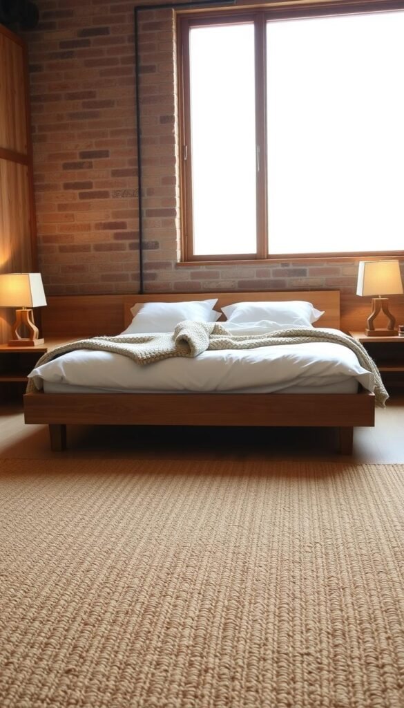 A cozy and inviting bedroom scene, capturing the essence of natural materials and elements. In the foreground, a plush, earthy-toned area rug made of woven jute or sisal anchors the space. Atop it, a low, wooden platform bed with a simple, minimalist design, adorned with crisp, white linens and a chunky, knitted throw. On the bedside tables, natural wooden lamps with linen shades emit a warm, ambient glow. In the middle ground, a large, floor-to-ceiling window allows natural light to flood the room, casting a soft, diffused illumination. The walls are adorned with rustic, textured materials like exposed brick or wooden planks, creating a sense of warmth and coziness. The overall atmosphere is one of tranquility, comfort, and a harmonious blend of natural elements.