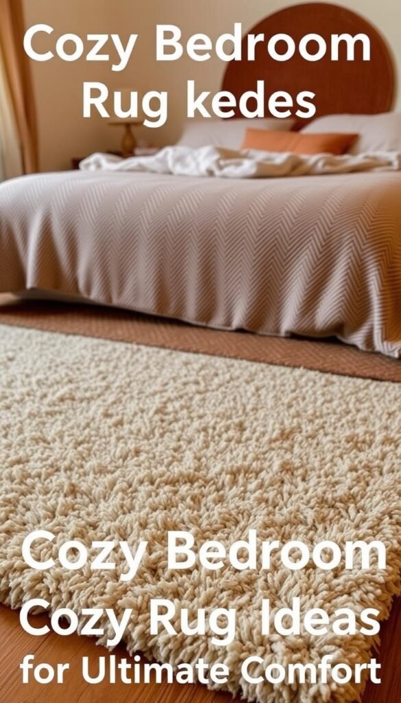 A cozy and inviting bedroom scene, featuring a layered arrangement of plush, textured rugs in warm, earthy tones. In the foreground, a large, shaggy rug in a neutral beige hue covers the hardwood floor, providing a soft and comfortable surface. Overlapping this, a mid-sized rug in a subtle herringbone pattern in shades of brown and tan adds depth and visual interest. In the background, a smaller, circular rug in a rich, terracotta color completes the layered look, creating a sense of depth and dimension. The lighting is soft and warm, casting a gentle glow over the scene, and the camera angle is slightly elevated to capture the full arrangement of the rugs. The overall mood is one of comfort, coziness, and relaxation, perfectly suited for the "Cozy Bedroom Rug Ideas for Ultimate Comfort" section.