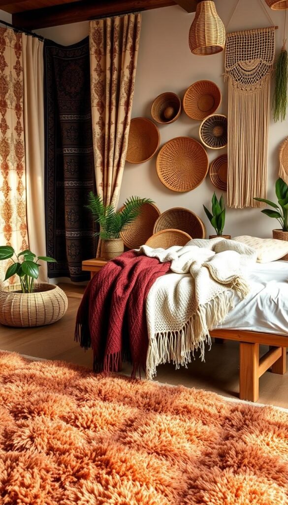 A cozy and inviting bedroom scene, featuring a textured foreground with plush, richly-colored area rugs and woven throw blankets draped artfully over a wooden bench. In the middle ground, ornate tapestries and patterned curtains hang from the walls, casting warm, soft light. The background showcases an arrangement of wicker baskets, macrame wall hangings, and potted plants, creating a natural, earthy ambiance. The overall mood is one of comfort and relaxation, with a focus on natural, tactile materials that add depth and visual interest to the space.