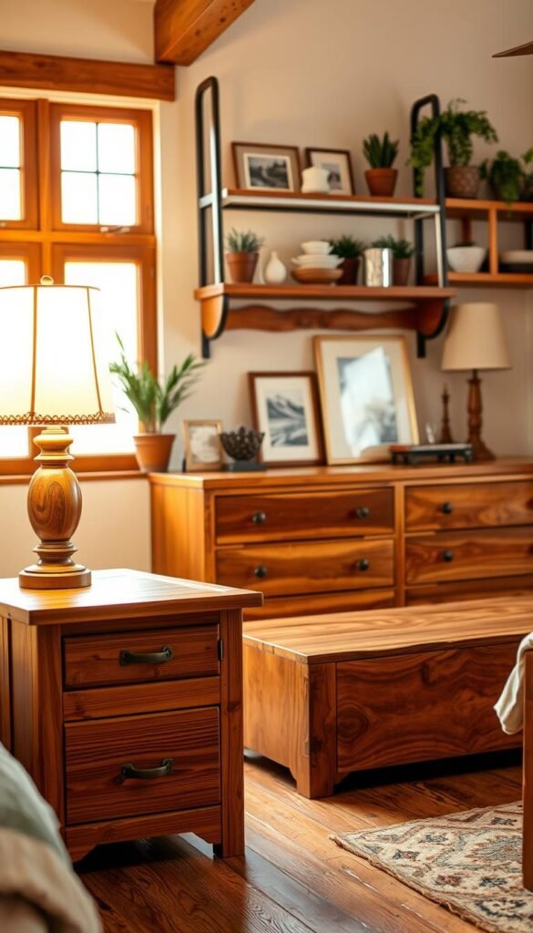 A cozy and inviting bedroom setting showcasing warm wood furniture accents. In the foreground, a solid wood nightstand with a simple yet elegant design, topped with a rustic table lamp casting a soft, ambient glow. Beside it, a wooden dresser with intricate grain patterns and metal hardware. In the middle ground, a wooden bench or ottoman providing additional seating and storage, its smooth surface contrasting with the rough-hewn texture of the floorboards. The background features a wall-mounted wooden shelving unit displaying decorative elements like potted plants, framed artwork, and other personal touches, all bathed in the warm, natural light filtering in through large windows. The overall atmosphere is one of comfort, coziness, and a connection to the natural world.