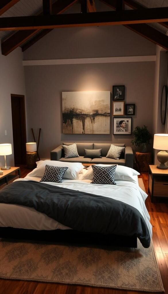 A cozy and inviting bedroom that blends two distinct styles into a harmonious whole. In the foreground, a plush king-sized bed with a mix of modern and traditional linens - crisp white sheets, a soft gray duvet, and a patterned accent pillow. Flanking the bed are matching nightstands, one with a sleek, minimalist lamp and the other a vintage-inspired table lamp. The middle ground features a comfortable sitting area with a contemporary loveseat and a rustic wooden coffee table. Indirect lighting casts a warm, romantic glow throughout the space. In the background, a feature wall showcases a blend of modern and antique wall decor - a large abstract canvas alongside vintage framed prints. Hardwood floors are complemented by a soft, neutral area rug. The overall atmosphere is one of harmonious coexistence, where two styles seamlessly come together to create a welcoming and visually appealing retreat.