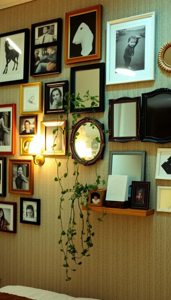 A cozy and inviting bedroom wall with a cohesive, eclectic design. In the foreground, an arrangement of framed artworks, photographs, and decorative mirrors in varying sizes and shapes, creating a visually striking gallery wall. The frames are a mix of wood tones, black, and white, adding depth and contrast. In the middle ground, trailing vines or greenery cascading from floating shelves, bringing a touch of nature into the space. Soft, warm lighting from sconces or lamps casts a gentle glow, enhancing the intimate atmosphere. The background features textured, neutral-toned wallpaper or paneling, providing a subtle backdrop to the curated display. The overall effect is a harmonious, visually captivating display that reflects the personality and style of the bedroom's occupant.