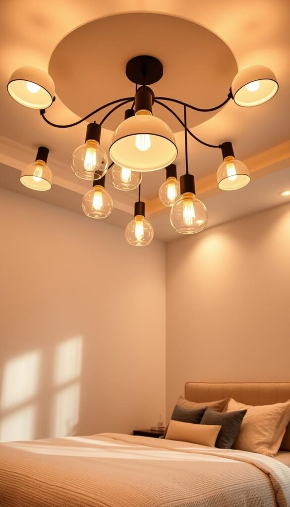 A cozy and inviting bedroom with a beautifully designed ceiling pendant lighting system. The focal point is a cluster of elegant, modern pendant lights that cast a warm, ambient glow throughout the space. The lights are suspended from the ceiling at varying heights, creating a layered and visually interesting display. The bedroom features a neutral color palette with soft, textured fabrics and a plush, inviting bed. The lighting is designed to provide both functional illumination and a serene, relaxing atmosphere, perfect for a couple's intimate retreat. Soft shadows dance across the walls, adding depth and dimension to the scene. The overall effect is one of comfort, sophistication, and a touch of romance.