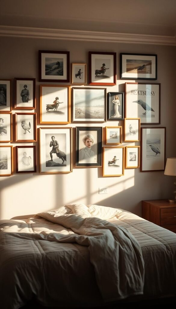 A cozy and inviting bedroom with a gallery wall of personal artwork, featuring a mix of framed paintings, photographs, and sketches. The wall is elegantly arranged with a harmonious balance of sizes, shapes, and frames, creating a visually stunning focal point. The bedroom itself is filled with warm, natural light, casting a soft glow over the space. The decor is minimalist yet sophisticated, with a plush, neutral-toned bedding, and a wooden nightstand providing a natural contrast. The overall atmosphere is one of tranquility and personal expression, encouraging the viewer to imagine themselves living in this serene, art-filled haven. A cozy and inviting bedroom with a gallery wall of personal artwork, featuring a mix of framed paintings, photographs, and sketches. The wall is elegantly arranged with a harmonious balance of sizes, shapes, and frames, creating a visually stunning focal point. The bedroom itself is filled with warm, natural light, casting a soft glow over the space. The decor is minimalist yet sophisticated, with a plush, neutral-toned bedding, and a wooden nightstand providing a natural contrast. The overall atmosphere is one of tranquility and personal expression, encouraging the viewer to imagine themselves living in this serene, art-filled haven.