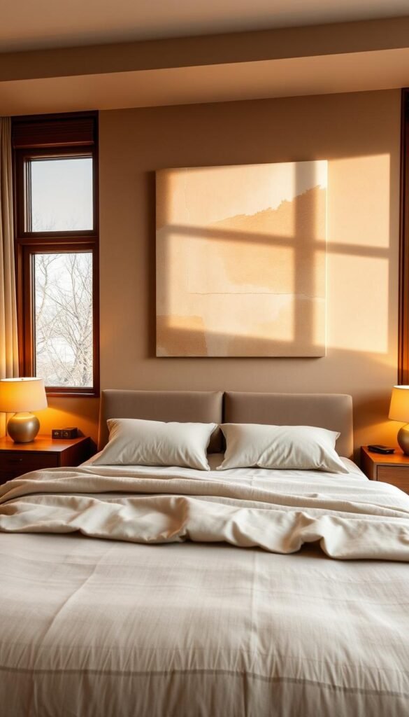 A cozy and inviting bedroom with a harmonious blend of beige and brown tones. In the foreground, a plush, neutral-toned bed dressed in soft, textured linens. Framing the bed, two minimalist, wooden nightstands with warm, earthy lamps casting a gentle glow. In the middle ground, a pair of floor-to-ceiling windows allowing natural light to filter in, illuminating the space. The background features a feature wall in a subtle, mottled brown hue, complemented by warm, wooden accents and a large, abstract piece of art in shades of beige and brown. The overall atmosphere is one of relaxation and comfort, with a calming, earthy aesthetic. A cozy and inviting bedroom with a harmonious blend of beige and brown tones. In the foreground, a plush, neutral-toned bed dressed in soft, textured linens. Framing the bed, two minimalist, wooden nightstands with warm, earthy lamps casting a gentle glow. In the middle ground, a pair of floor-to-ceiling windows allowing natural light to filter in, illuminating the space. The background features a feature wall in a subtle, mottled brown hue, complemented by warm, wooden accents and a large, abstract piece of art in shades of beige and brown. The overall atmosphere is one of relaxation and comfort, with a calming, earthy aesthetic.