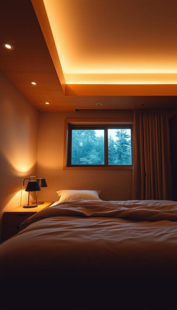 A cozy and inviting bedroom with a layered lighting scheme that creates a warm, moody atmosphere. In the foreground, a soft, ambient glow emanates from a pair of minimalist bedside lamps, casting a gentle light across the plush bedding and nightstands. In the middle ground, recessed ceiling lights illuminate the neutral-toned walls and wooden ceiling beams, adding depth and texture to the space. In the background, a large window allows natural light to filter in, casting a soft, diffused glow and creating a peaceful, tranquil ambiance. The overall lighting design blends seamlessly to craft a serene, inviting space perfect for relaxation and rest.