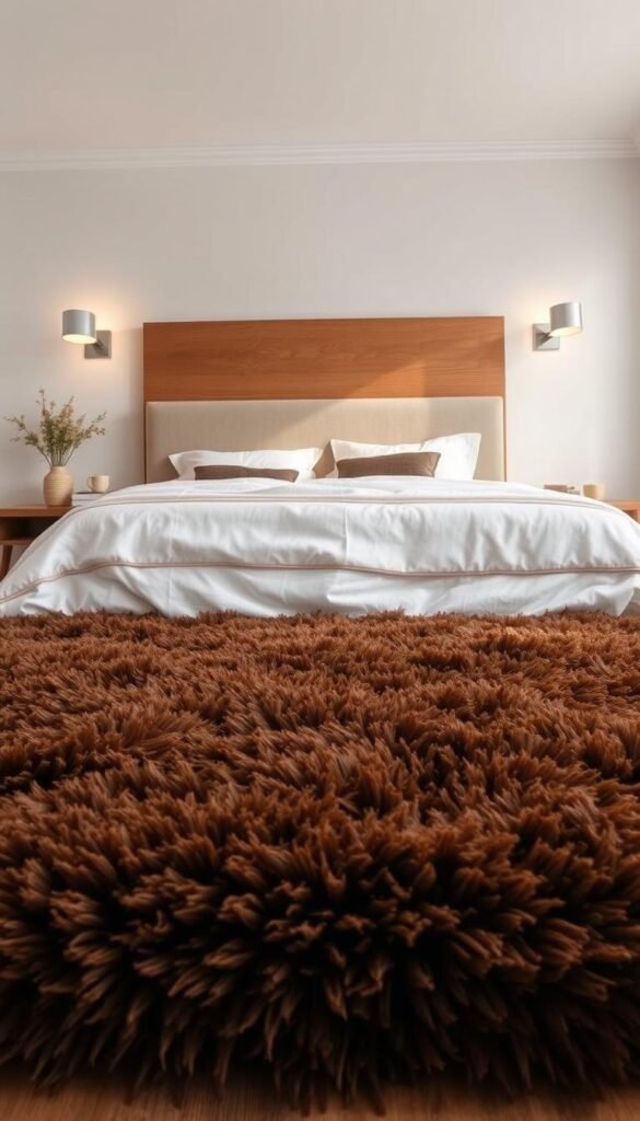 A cozy and inviting bedroom with a plush, chocolate brown rug taking center stage. The rug is luxuriously soft and thick, with a deep, velvety pile that invites bare feet to sink in. Warm, diffused lighting from a pair of minimalist sconces casts a gentle glow, creating a serene and relaxing atmosphere. The rug is framed by a neutral-toned bed with crisp white linens, and complemented by natural wood accents that add earthy, rustic charm. The overall scene exudes a sense of comfort and coziness, making it the perfect complement to the "Warm and Earthy" theme of the bedroom. A cozy and inviting bedroom with a plush, chocolate brown rug taking center stage. The rug is luxuriously soft and thick, with a deep, velvety pile that invites bare feet to sink in. Warm, diffused lighting from a pair of minimalist sconces casts a gentle glow, creating a serene and relaxing atmosphere. The rug is framed by a neutral-toned bed with crisp white linens, and complemented by natural wood accents that add earthy, rustic charm. The overall scene exudes a sense of comfort and coziness, making it the perfect complement to the "Warm and Earthy" theme of the bedroom.