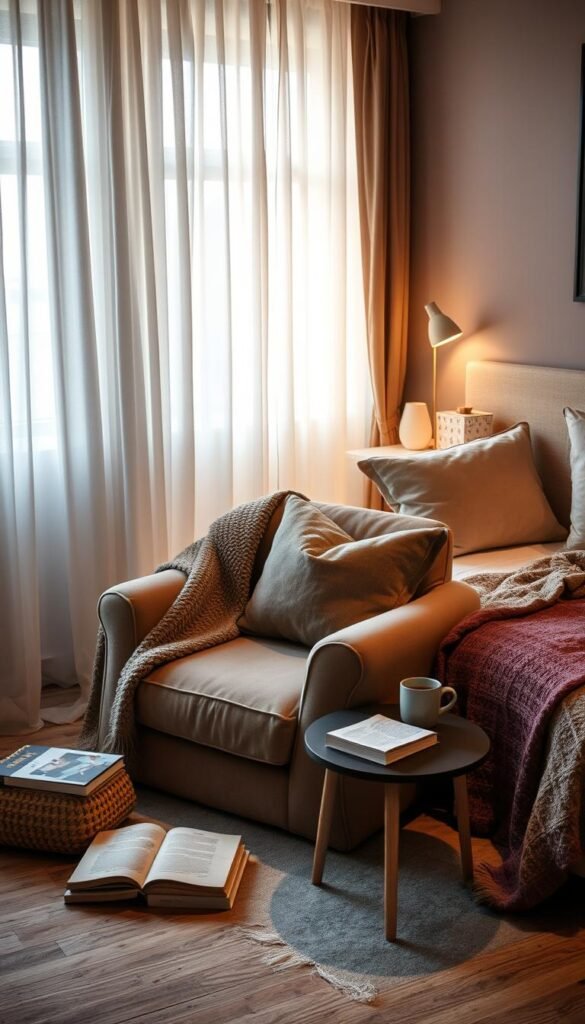 A cozy and inviting bedroom with a plush, oversized armchair nestled in the corner, adjacent to a low-profile bed framed by nightstands and lamps. Soft, diffused lighting filters through sheer curtains, casting a warm glow across the space. The color palette features muted earth tones, with textured throws and pillows adding depth and coziness. A small side table holds a stack of books and a cup of tea, creating a tranquil reading nook. The arrangement is designed to foster relaxation and comfort, encouraging the viewer to sink into the space and unwind.