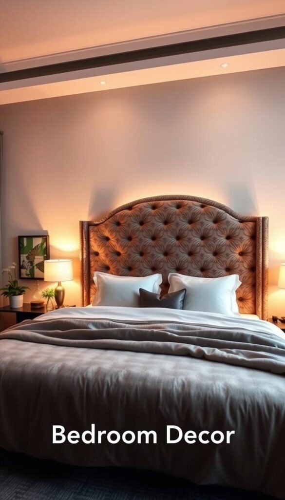 A cozy and inviting bedroom with a statement headboard as the focal point. In the foreground, a large, plush bed with a luxurious, patterned headboard commanding attention. Soft, warm lighting casts a gentle glow, creating a serene atmosphere. The middle ground features tasteful decor elements like nightstands, lamps, and plants, seamlessly complementing the headboard. In the background, a neutral-toned wall adds depth and elegance, allowing the headboard to truly shine. The overall scene exudes comfort, sophistication, and a touch of coziness, perfectly capturing the essence of a "Cozy Bedroom Decor" theme.