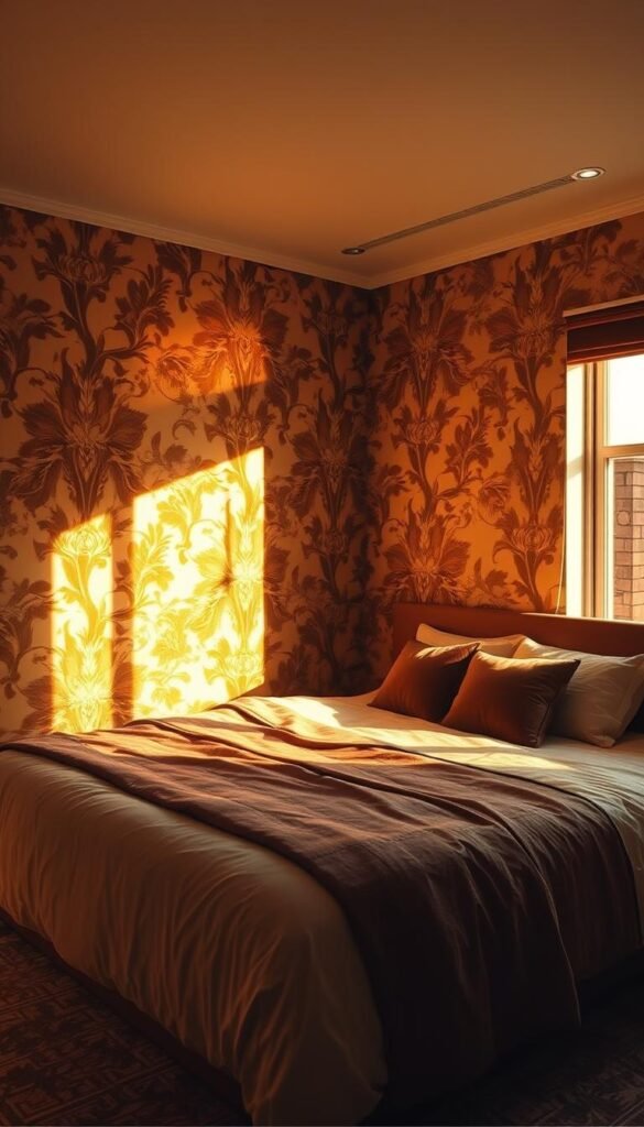 A cozy and inviting bedroom with a statement wallpaper accent wall. The wallpaper features a bold, intricate floral pattern in warm, earthy tones that create a luxurious and sophisticated ambiance. The lighting is soft and diffused, creating a warm, inviting glow that highlights the texture and depth of the wallpaper. The room is bathed in a golden hour light, casting gentle shadows and highlights that add depth and dimension to the space. The camera angle is slightly elevated, giving a panoramic view of the room and showcasing the wallpaper as the focal point. The overall mood is one of relaxation, comfort, and subtle elegance.