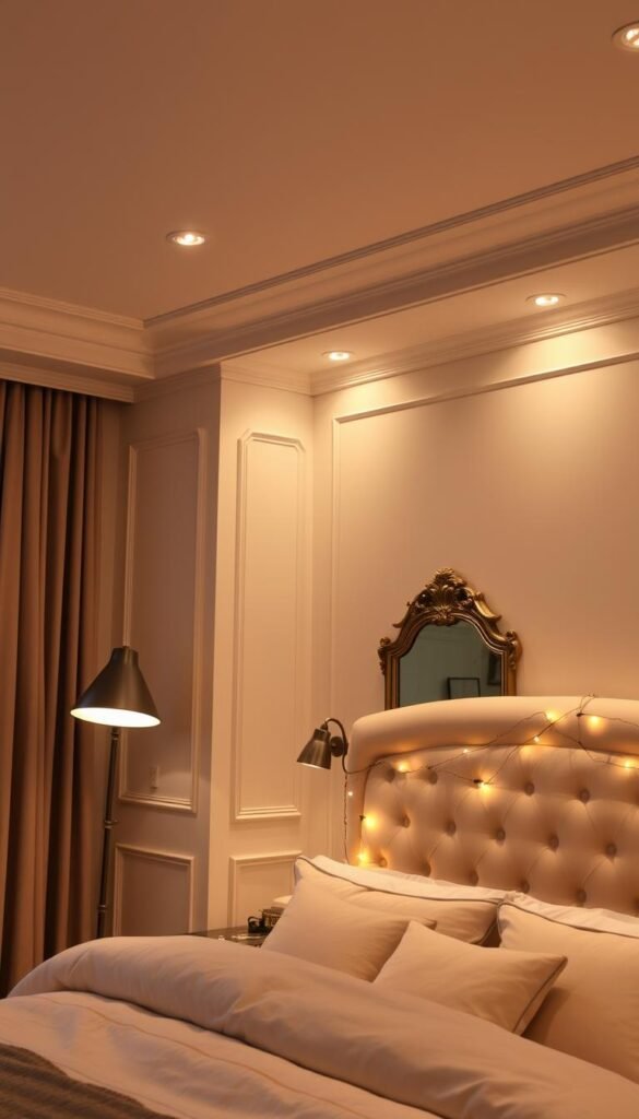 A cozy and inviting bedroom with a strategic lighting design that creates a warm, relaxing atmosphere. The room is bathed in a soft, golden glow from a mix of subtle recessed ceiling lights, a statement floor lamp in the corner, and a pair of minimalist sconces flanking a large, ornate mirror. The lighting is carefully positioned to highlight key architectural features, such as the elegant crown molding and the plush, tufted headboard. Delicate string lights are draped along the top of the headboard, casting a gentle, ambient light. The overall effect is a harmonious blend of function and ambiance, perfectly suited for a tranquil and restful bedroom retreat.