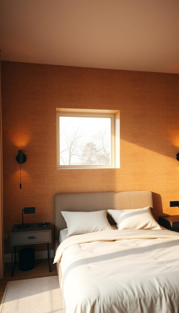 A cozy and inviting bedroom with a striking accent wall. The focal point is a textured, earth-toned wall with a subtle pattern that adds depth and visual interest. Warm, soft lighting from wall sconces and a single, oversized window bathes the space in a golden glow, creating a serene and relaxing atmosphere. The wall is the centerpiece, drawing the eye and providing a beautiful backdrop for a minimalist, yet stylish bed frame and nightstands. The overall design is elegant, yet comfortable, perfectly balancing style and functionality.