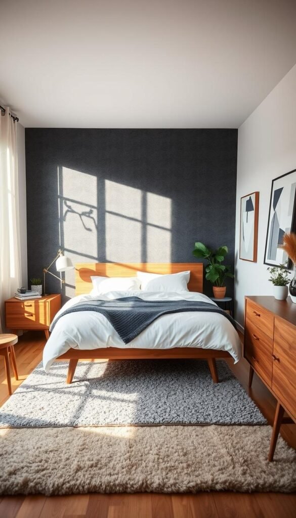 A cozy and inviting bedroom with a striking accent wall. The wall features a bold, geometric pattern in shades of gray and navy, creating a focal point and adding depth to the space. The room is flooded with warm, natural lighting, casting a soft glow on the crisp white bedding and wooden furniture. The mid-century modern nightstands and lamps complement the minimalist, yet refined aesthetic. A plush, gray area rug grounds the space, while potted plants and a piece of abstract art add a touch of personality. The overall atmosphere is one of relaxation and sophisticated style, perfect for a modern, masculine bedroom. A cozy and inviting bedroom with a striking accent wall. The wall features a bold, geometric pattern in shades of gray and navy, creating a focal point and adding depth to the space. The room is flooded with warm, natural lighting, casting a soft glow on the crisp white bedding and wooden furniture. The mid-century modern nightstands and lamps complement the minimalist, yet refined aesthetic. A plush, gray area rug grounds the space, while potted plants and a piece of abstract art add a touch of personality. The overall atmosphere is one of relaxation and sophisticated style, perfect for a modern, masculine bedroom.