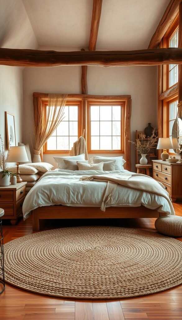 A cozy and inviting bedroom with a warm, natural ambiance. The room is filled with earthy tones and organic textures, creating a soothing and serene atmosphere. In the foreground, a large, plush bed is adorned with linen bedding, soft throws, and an abundance of pillows. Surrounding the bed are natural wood nightstands and a dresser, their warm hues complementing the overall design. In the middle ground, a large, woven area rug covers the hardwood floor, adding texture and depth. The background features a wall with exposed wooden beams and large windows that allow natural light to flood the space, highlighting the natural materials and elements throughout the room. The overall impression is one of comfort, harmony, and a connection to the natural world.