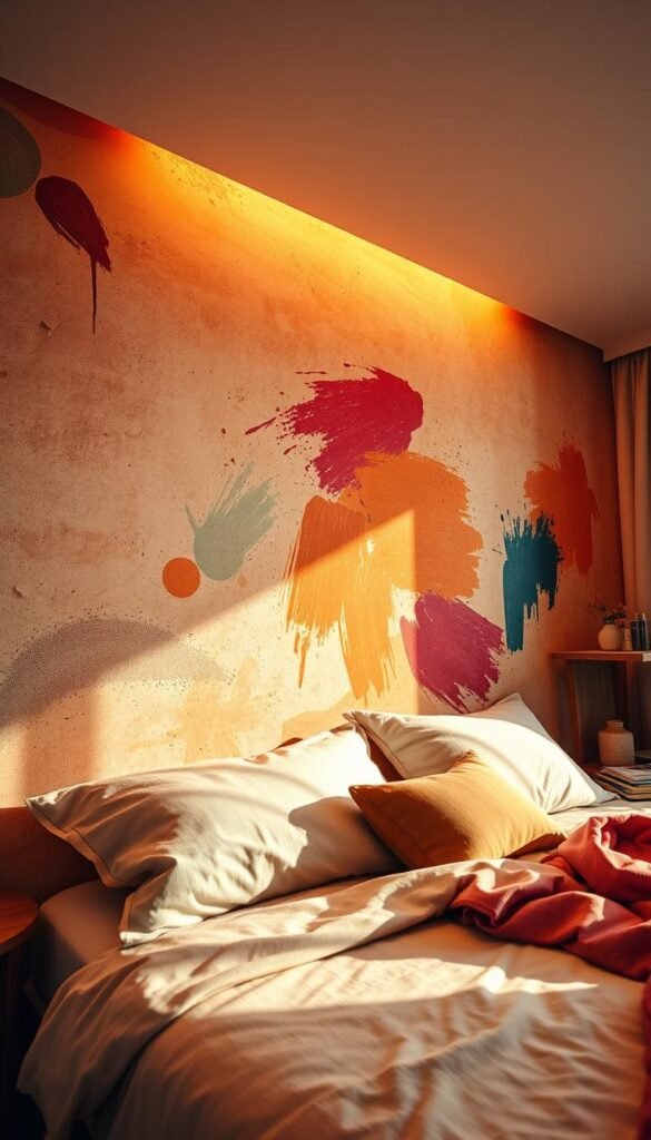 A cozy and inviting bedroom with an accent wall showcasing a vibrant, abstract mural. Warm, directional lighting illuminates the textured, earthy-toned wall, casting dynamic shadows that add depth and visual interest. The mural features bold, expressive brushstrokes in a harmonious color palette, infusing the space with a sense of artistic personality. Soft, natural textures like linen and wood accents complement the feature wall, creating a cohesive and visually striking design. The camera captures the scene from a low, angled perspective, highlighting the mural's scale and impact within the overall bedroom setting.