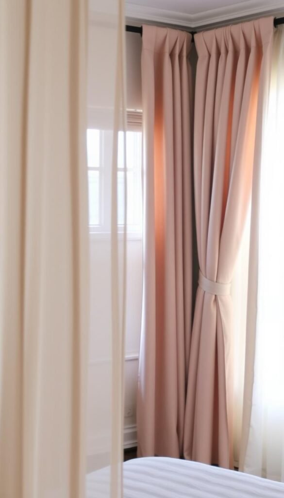 A cozy and inviting bedroom with an array of soft, warm window treatments that seamlessly blend with the decor. In the foreground, delicate sheer curtains in a neutral tone gently sway, allowing natural light to filter through. Midground features a pair of tailored, pleated drapes in a complementary shade, their folds creating a sense of depth and elegance. In the background, a tranquil, diffused lighting sets the mood, highlighting the rich textures and colors of the room's furnishings. The overall atmosphere is one of relaxation and comfort, where the window treatments enhance the welcoming ambiance.