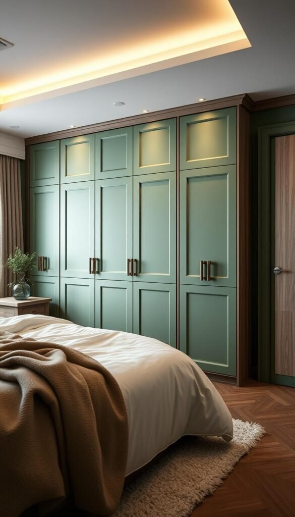 A cozy and inviting bedroom with built-in green storage units that seamlessly blend into the walls. The units feature clean lines, natural wood textures, and muted hardware, creating a cohesive and calming look. Soft, indirect lighting illuminates the space, casting a warm glow and highlighting the natural tones. The overall atmosphere is one of tranquility and balance, with the green storage units serving as a visual anchor that ties the room together. The layout is thoughtfully designed, maximizing storage while maintaining a sense of openness and airiness. This harmonious integration of function and aesthetics embodies the essence of bringing nature indoors. A cozy and inviting bedroom with built-in green storage units that seamlessly blend into the walls. The units feature clean lines, natural wood textures, and muted hardware, creating a cohesive and calming look. Soft, indirect lighting illuminates the space, casting a warm glow and highlighting the natural tones. The overall atmosphere is one of tranquility and balance, with the green storage units serving as a visual anchor that ties the room together. The layout is thoughtfully designed, maximizing storage while maintaining a sense of openness and airiness. This harmonious integration of function and aesthetics embodies the essence of bringing nature indoors.