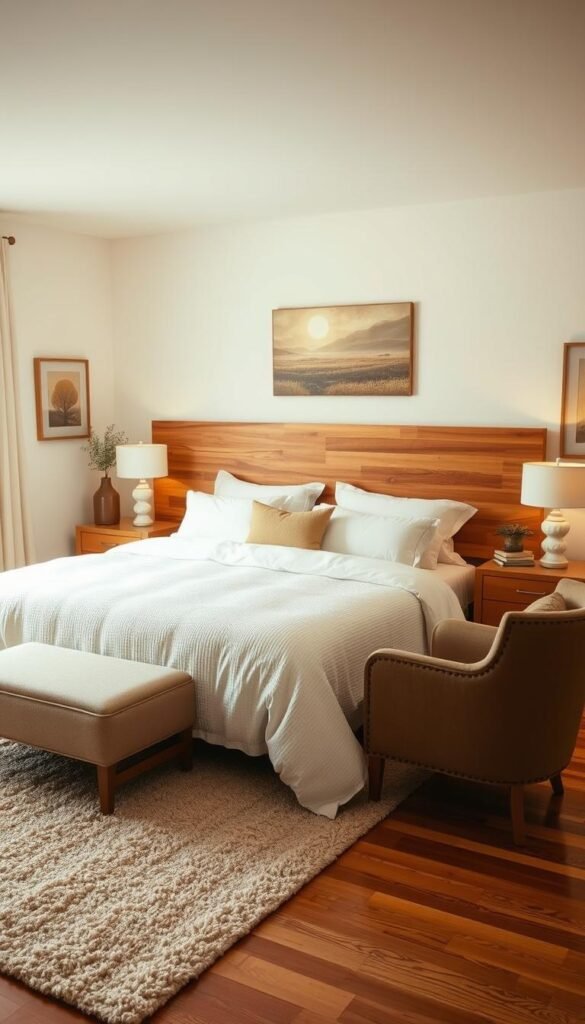A cozy and inviting bedroom with soft, diffuse lighting that sets the tone for relaxation. The focal point is a plush, inviting bed with crisp white linens and a warm, textured duvet cover. The headboard is made of rich, natural wood that adds depth and character to the space. Surrounding the bed are nightstands with simple, minimalist lamps that emit a gentle glow. In the corner, a comfortable armchair and side table create a cozy reading nook. The walls are adorned with soothing, earthy-toned artwork that complements the overall color palette. Hardwood floors are covered with a plush, neutral-colored rug that ties the room together and adds an extra layer of comfort underfoot. The overall atmosphere is one of serenity and tranquility, inviting the viewer to imagine themselves sinking into the cozy space and experiencing true relaxation.