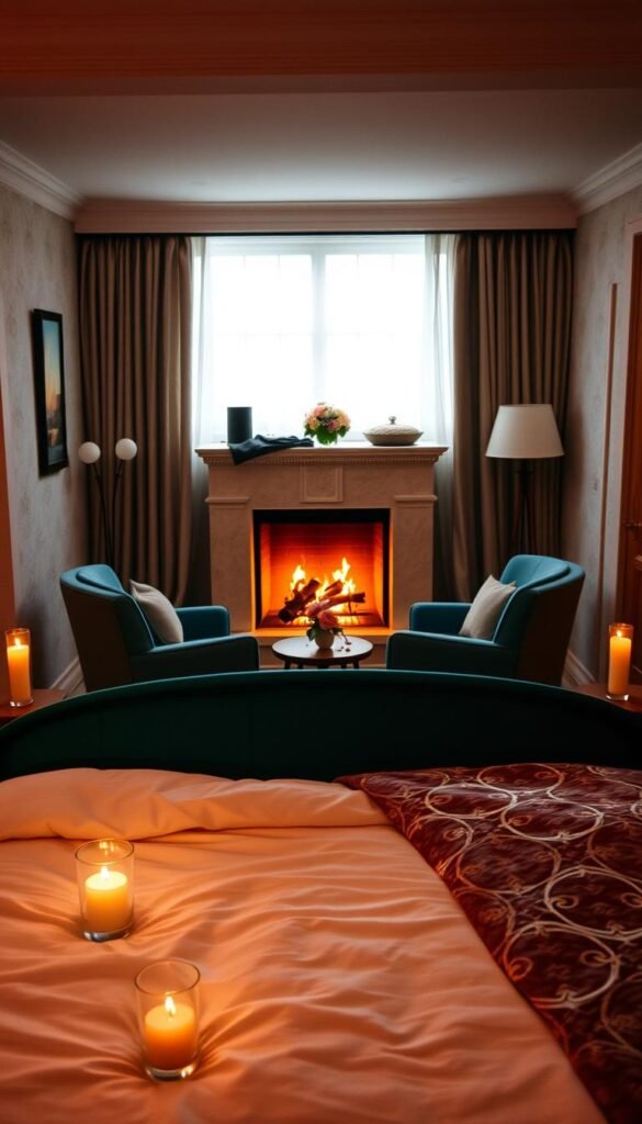 A cozy and inviting bedroom with soft lighting, warm textures, and romantic accents. In the foreground, a plush, inviting bed with crisp white linens and a teal velvet headboard. On the bedside tables, flickering candles and a single rose in a glass vase. The middle ground features a pair of overstuffed armchairs in a complementary hue, facing each other by a crackling fireplace. The background reveals a large window, partially obscured by sheer curtains, letting in a gentle glow. The overall atmosphere is one of intimacy, tranquility, and sensual allure, creating the perfect setting for a romantic evening.