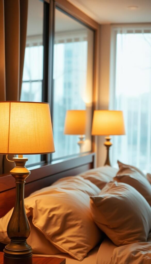A cozy and inviting bedroom with warm, soft lighting emanating from a pair of bedside lamps. The lamps feature cream-colored fabric shades that cast a gentle, amber-hued glow across the room, creating a tranquil and relaxing atmosphere. The bed is adorned with plush, neutral-toned bedding, complemented by a stylish, wooden headboard. In the background, a large window allows natural light to filter in, further enhancing the warm and comforting ambiance. The overall scene evokes a sense of comfort and serenity, perfect for setting the mood for a relaxing evening or a restful night's sleep. A cozy and inviting bedroom with warm, soft lighting emanating from a pair of bedside lamps. The lamps feature cream-colored fabric shades that cast a gentle, amber-hued glow across the room, creating a tranquil and relaxing atmosphere. The bed is adorned with plush, neutral-toned bedding, complemented by a stylish, wooden headboard. In the background, a large window allows natural light to filter in, further enhancing the warm and comforting ambiance. The overall scene evokes a sense of comfort and serenity, perfect for setting the mood for a relaxing evening or a restful night's sleep.