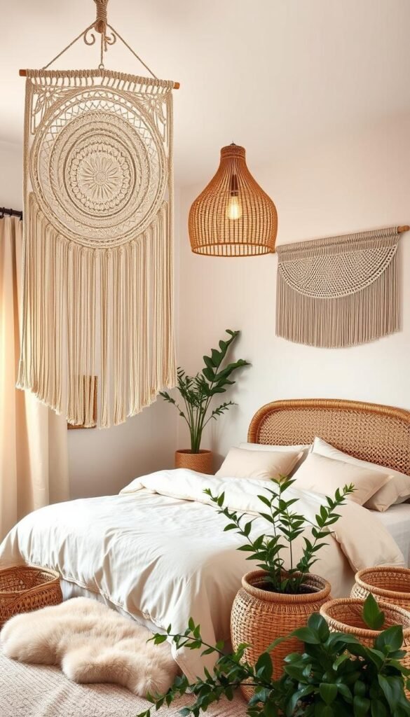 A cozy and inviting bohemian beige bedroom, filled with natural textures and soothing tones. In the foreground, a large macrame wall hanging cascades from the ceiling, its intricate patterns casting gentle shadows. A rattan pendant light illuminates the space with a warm glow, while a woven rattan headboard frames the serene bed draped in soft, beige linens. Plush sheepskin rugs and woven baskets add to the rustic, yet refined atmosphere. Lush greenery in rattan planters completes the earthy, relaxing vibe, creating a tranquil oasis perfect for lounging and unwinding.