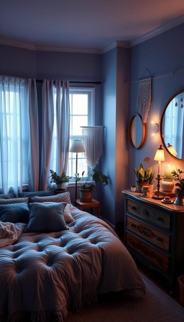 A cozy and inviting bohemian-inspired bedroom, bathed in a calming blue hue. Soft, flowing curtains frame the large windows, allowing natural light to gently filter in. The bed is adorned with plush, tufted bedding in shades of indigo and azure, complemented by an assortment of plush, patterned pillows. A vintage, worn wooden dresser stands in the corner, topped with an array of potted plants and decorative trinkets. Warm, indirect lighting from a floor lamp and string lights creates a relaxed, atmospheric ambiance. The walls are painted in a soothing blue-grey tone, with a macrame wall hanging and an antique mirror adding texture and depth. The overall vibe is one of tranquility, comfort, and a touch of bohemian charm.