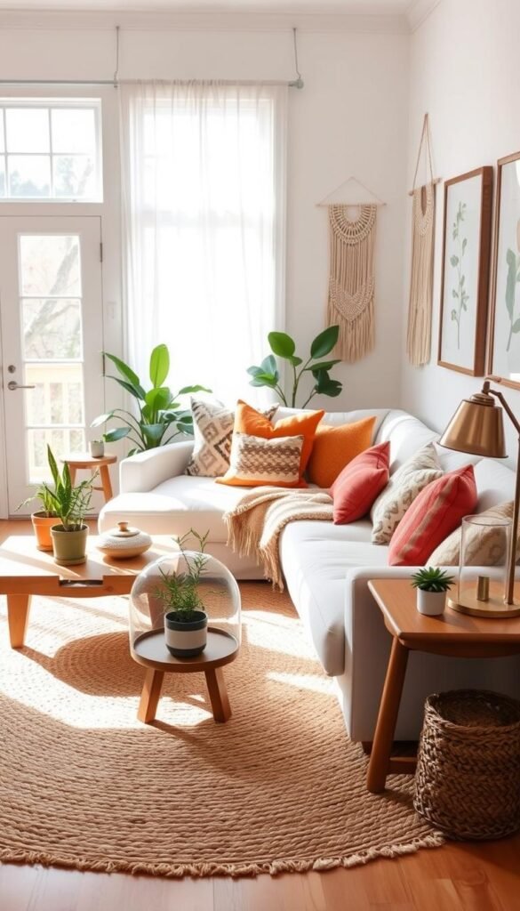 A cozy and inviting bohemian white living room with soft, natural lighting filtering through large windows. The room features a plush, overstuffed sofa adorned with an array of colorful, textured throw pillows and a woven blanket. Rustic wooden coffee tables and side tables complement the space, topped with potted plants and a vintage-style lamp. The floor is covered in a large, woven area rug, and the walls are adorned with macrame wall hangings and framed botanical prints. The atmosphere is warm, relaxed, and effortlessly elegant.