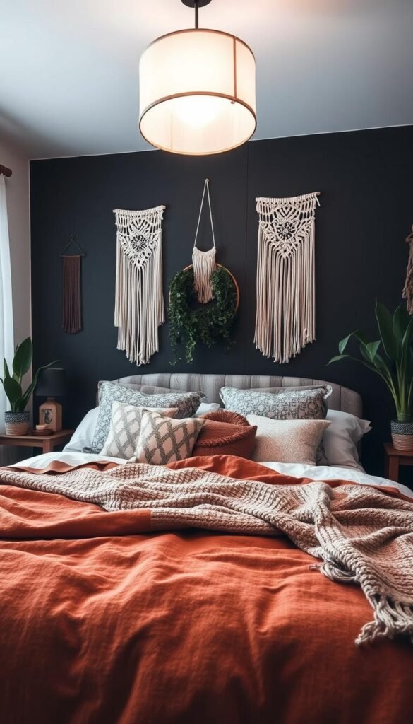 A cozy and inviting boho bedroom bathed in a soothing, moody ambiance. In the foreground, a plush, textured duvet cover in a rich, earthy tone anchors the design, surrounded by an assortment of patterned throw pillows and a cozy knitted blanket. Midground features a rustic, whitewashed wood headboard adorned with macrame wall hangings and lush, trailing plants. The background showcases a feature wall with a bold, dark hue, creating a warm, grounding backdrop. Soft, diffused lighting from a statement pendant fixture casts a gentle glow, enhancing the boho-inspired aesthetic. The overall scene evokes a serene, relaxing atmosphere perfect for unwinding. A cozy and inviting boho bedroom bathed in a soothing, moody ambiance. In the foreground, a plush, textured duvet cover in a rich, earthy tone anchors the design, surrounded by an assortment of patterned throw pillows and a cozy knitted blanket. Midground features a rustic, whitewashed wood headboard adorned with macrame wall hangings and lush, trailing plants. The background showcases a feature wall with a bold, dark hue, creating a warm, grounding backdrop. Soft, diffused lighting from a statement pendant fixture casts a gentle glow, enhancing the boho-inspired aesthetic. The overall scene evokes a serene, relaxing atmosphere perfect for unwinding.