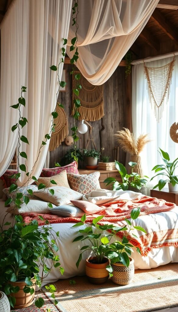 A cozy and inviting boho-inspired bedroom, bathed in soft natural light streaming through sheer curtains. In the foreground, a plush bed is adorned with an array of colorful, textured bedding, pillows, and a flowing canopy. Trailing vines and lush potted plants of various sizes and species occupy the middle ground, creating a verdant, relaxing ambiance. The background features a combination of rustic wood accents, woven wall hangings, and earthy-toned furnishings, evoking a serene, nature-inspired atmosphere. The overall scene exudes a sense of tranquility and a harmonious blend of natural elements. A cozy and inviting boho-inspired bedroom, bathed in soft natural light streaming through sheer curtains. In the foreground, a plush bed is adorned with an array of colorful, textured bedding, pillows, and a flowing canopy. Trailing vines and lush potted plants of various sizes and species occupy the middle ground, creating a verdant, relaxing ambiance. The background features a combination of rustic wood accents, woven wall hangings, and earthy-toned furnishings, evoking a serene, nature-inspired atmosphere. The overall scene exudes a sense of tranquility and a harmonious blend of natural elements.