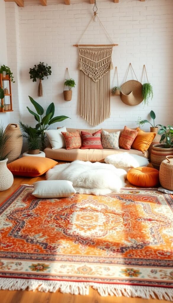 A cozy and inviting boho-style living room with a warm, natural ambiance. In the foreground, an ornate, intricately patterned area rug in earthy tones of ochre, terracotta, and soft blues covers the hardwood floor, anchoring the space. Surrounding it, an assortment of vintage-inspired floor cushions, poufs, and sheepskin rugs in complementary hues create a relaxed, comfortable seating arrangement. Overhead, a delicate macrame wall hanging casts gentle shadows, while potted plants and natural fiber baskets add organic touches throughout the middle ground. The background features a whitewashed brick wall, allowing the vibrant textiles and earthy accents to take center stage and define the boho-chic aesthetic. A cozy and inviting boho-style living room with a warm, natural ambiance. In the foreground, an ornate, intricately patterned area rug in earthy tones of ochre, terracotta, and soft blues covers the hardwood floor, anchoring the space. Surrounding it, an assortment of vintage-inspired floor cushions, poufs, and sheepskin rugs in complementary hues create a relaxed, comfortable seating arrangement. Overhead, a delicate macrame wall hanging casts gentle shadows, while potted plants and natural fiber baskets add organic touches throughout the middle ground. The background features a whitewashed brick wall, allowing the vibrant textiles and earthy accents to take center stage and define the boho-chic aesthetic.