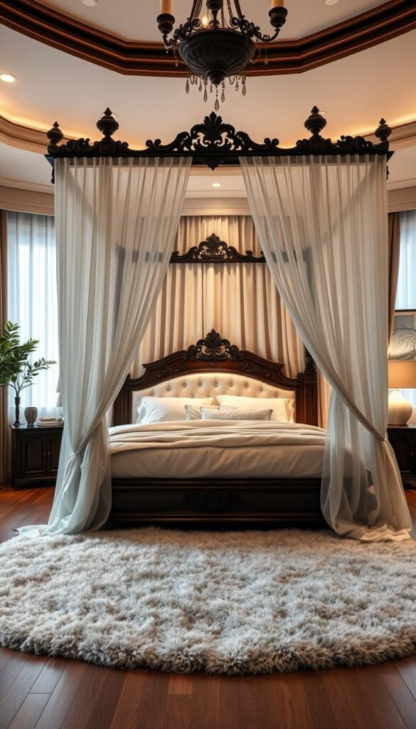 A cozy and inviting canopy bed dominates the luxurious bedroom scene. The canopy frame is crafted from ornately carved dark wood, draped with sheer, flowing white curtains that create a sense of privacy and intimacy. Plush bedding in soft, neutral tones covers the generously sized mattress, beckoning one to sink into its comfort. Ambient lighting filters through the curtains, casting a warm, cozy glow throughout the space. The wooden floorboards are covered by a lush, plush area rug in a muted color palette. Tasteful decorative elements, such as potted plants and a small side table, add to the serene and relaxing atmosphere. Overall, the canopy bed design exudes a sense of opulence and tranquility, creating a welcoming and luxurious sanctuary for the occupant.