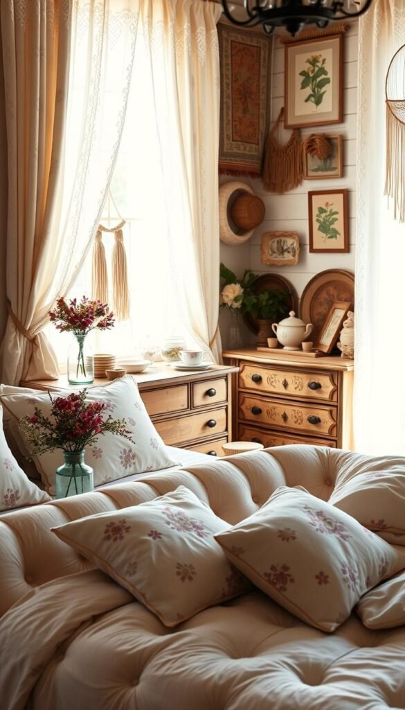 A cozy and inviting cottagecore bedroom, bathed in warm, natural lighting filtering through lace curtains. In the foreground, a plush, tufted bed is dressed in soft, floral-patterned linens and piles of plush pillows. On the nightstands, antique glass jars hold fragrant wildflowers. In the middle ground, a distressed wooden dresser displays delicate bone china and vintage trinkets. The background showcases a whitewashed shiplap wall adorned with tapestries, woven wall hangings, and framed botanical illustrations. The overall atmosphere exudes a sense of timeless, rustic charm and enchanting comfort.